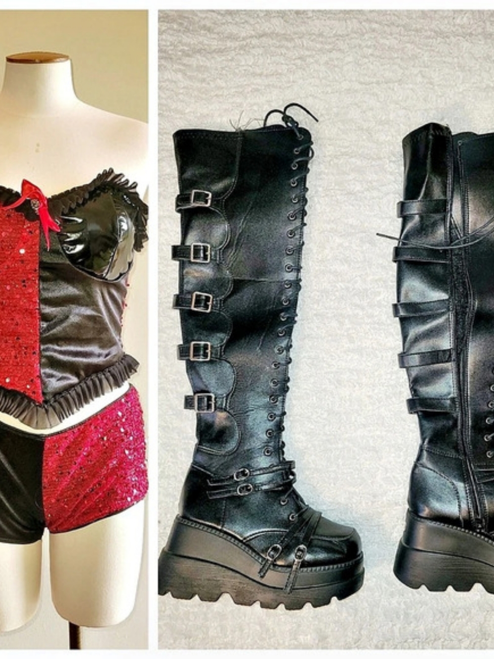 nwot Harley Quinn outfit, medium. nwot demonia style boots size 10